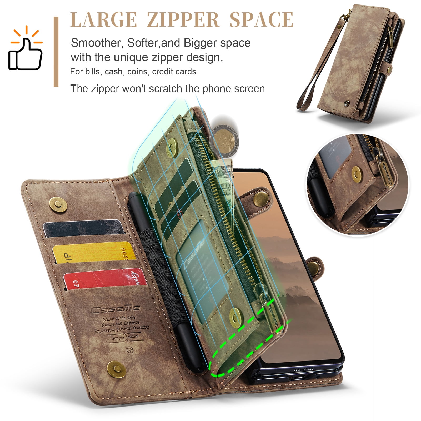 Feishell Durable 2- In-1 Magnetic Detachable Wallet Case for Samsung Galaxy Z Fold 7,for Women Men,Premium PU Leather Zipper Pocket Flip Multi Card Slots Purse Phone Case with Wrist Strap,Darkbrown