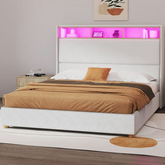 DEXTRUS King Size Platform Bed Frame with Tall Headboard & Charging Station, Upholstered Bed Frame with LED Lights, White