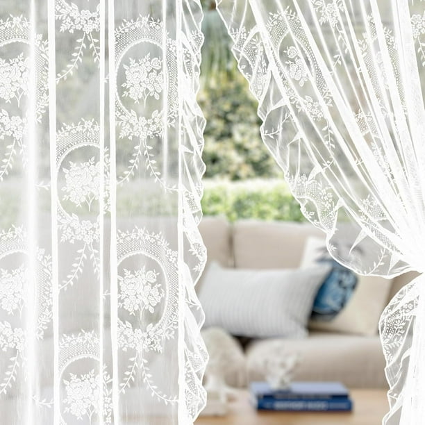 XmhyTop-A Cortinas de encaje blancas, 2 piezas, 140 x 260 cm, decorativas para el hogar y la cocina.
