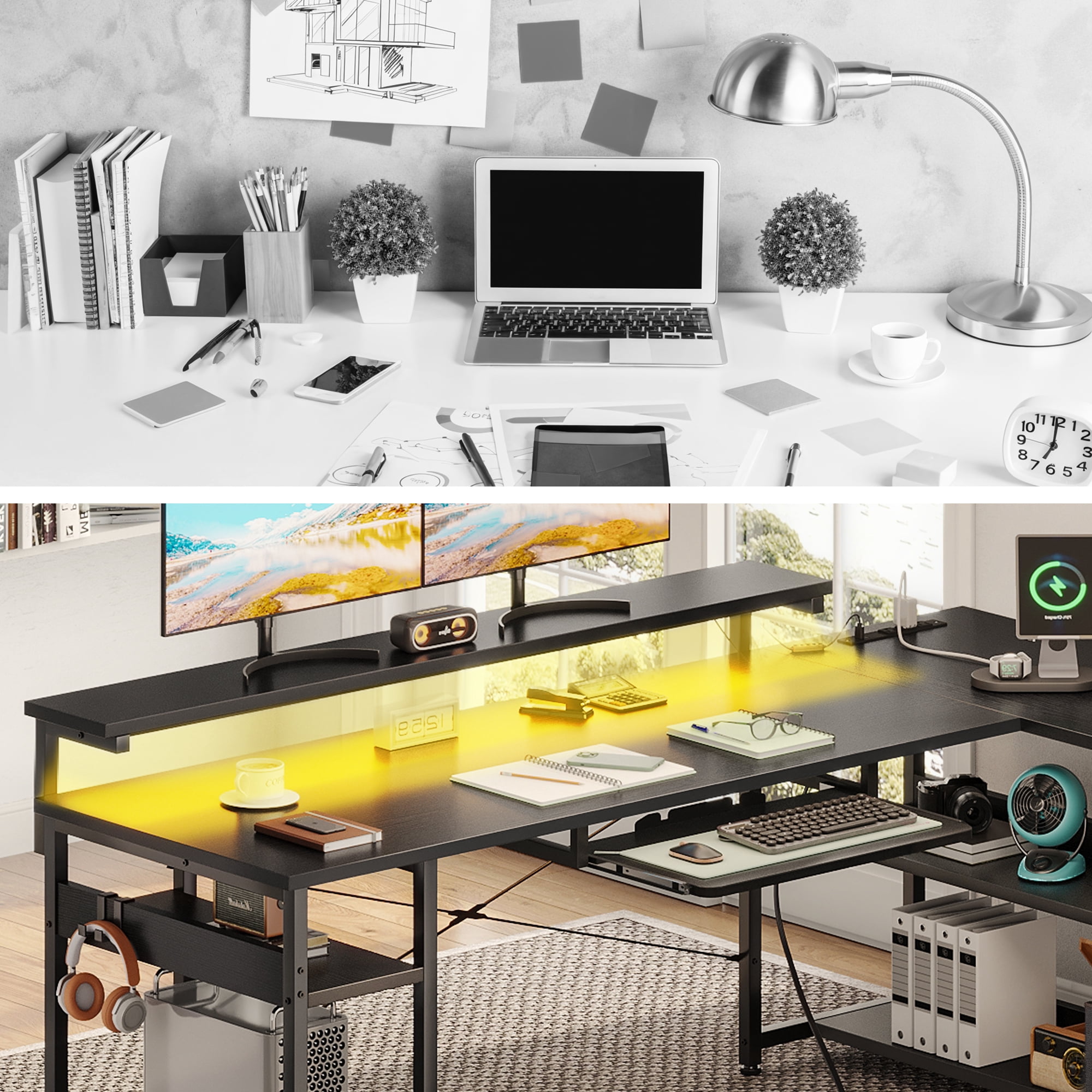 Sofanext 61 inch L Shaped Gaming Desk with 4 Drawers & Power Outlets, Home Office Desk with Adjustable Heights Monitor Stand & Keyboard Tray, Computer Desk with LED Light, Pure Black