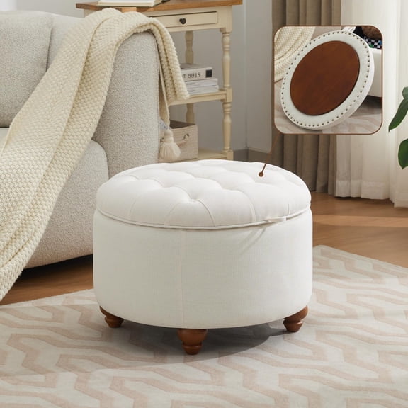 Modern Tufted Round Storage Ottoman Coffee Table, 24" Upholstered Circle Ottoman with Removable Tray Top, Versatile Storage Organizer for Living Room, Bedroom, Beige