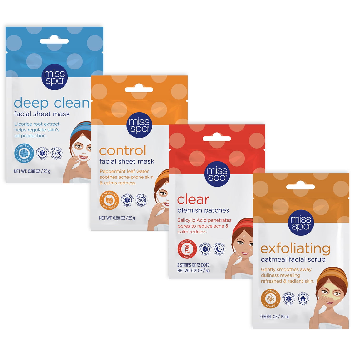Miss Spa Acne Fighting & Controlling Facial Sheet Mask Combo Set, 4