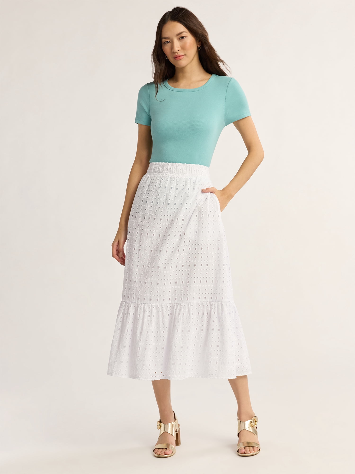 Time and Tru Woman's Cotton Eyelet Tiered Midi Skirt with Elastic Waistband, Sizes XS-XXXL