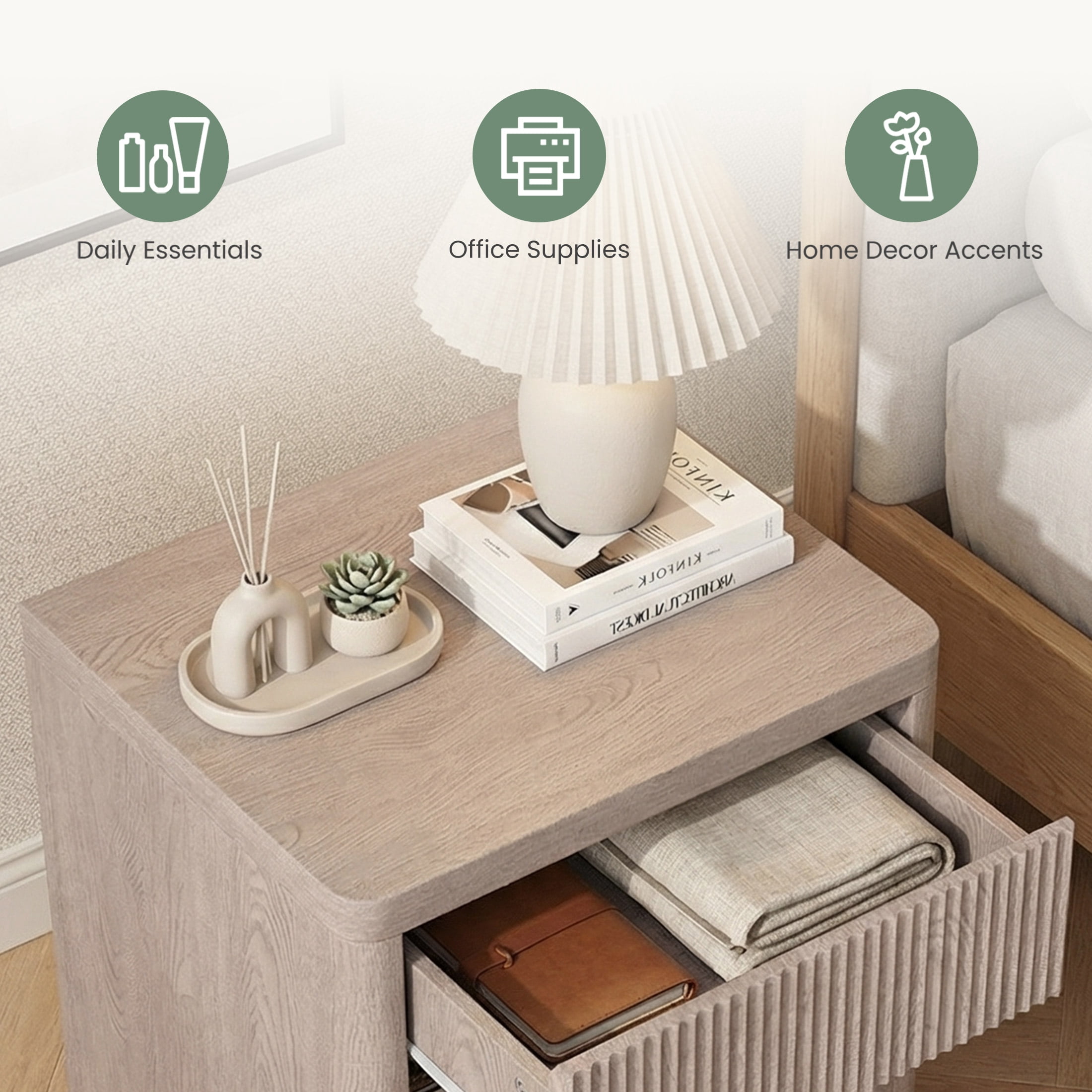 edx Nightstand, Modern Bedside Table with 1 Storage Drawer and Open Wood Shelf, for Living Room, Bedroom and Small Spaces, Accent Night Stand with Easy Assembly, 250 lbs Capacity, White Oak