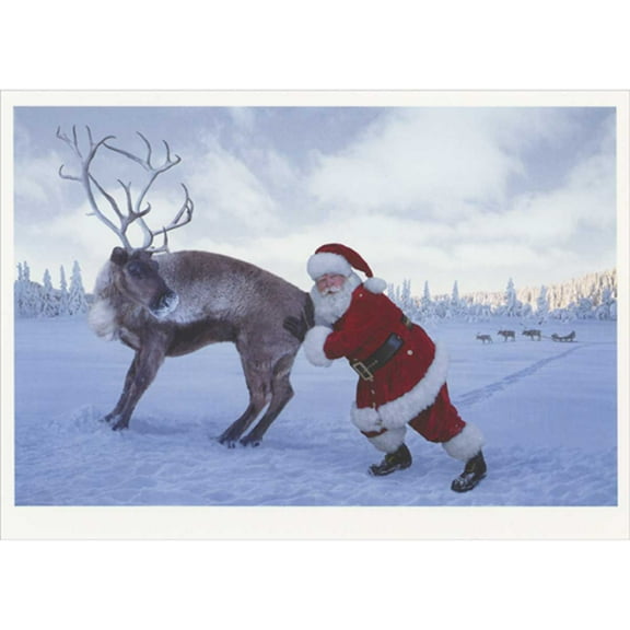 Palm Press Santa Pushing Reluctant Reindeer Funny / Humorous Christmas Card