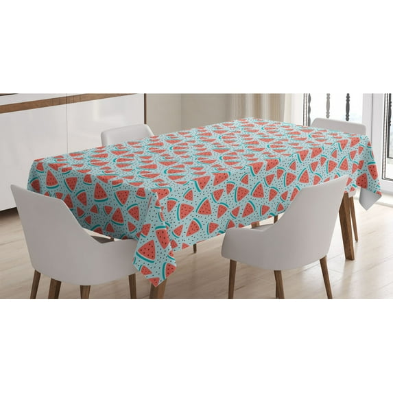 Fruit Tablecloth, Summer Pattern with Watermelon Slices, Rectangle Satin Table Cover Accent for Dining Room and Kitchen, 52" X 70", Coral Pale Blue, by Ambesonne