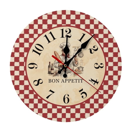 French Chef Kitchen Farmhouse Style Round Wood Wall Clock, Noiseless Design for Cafe & Classroom Decor