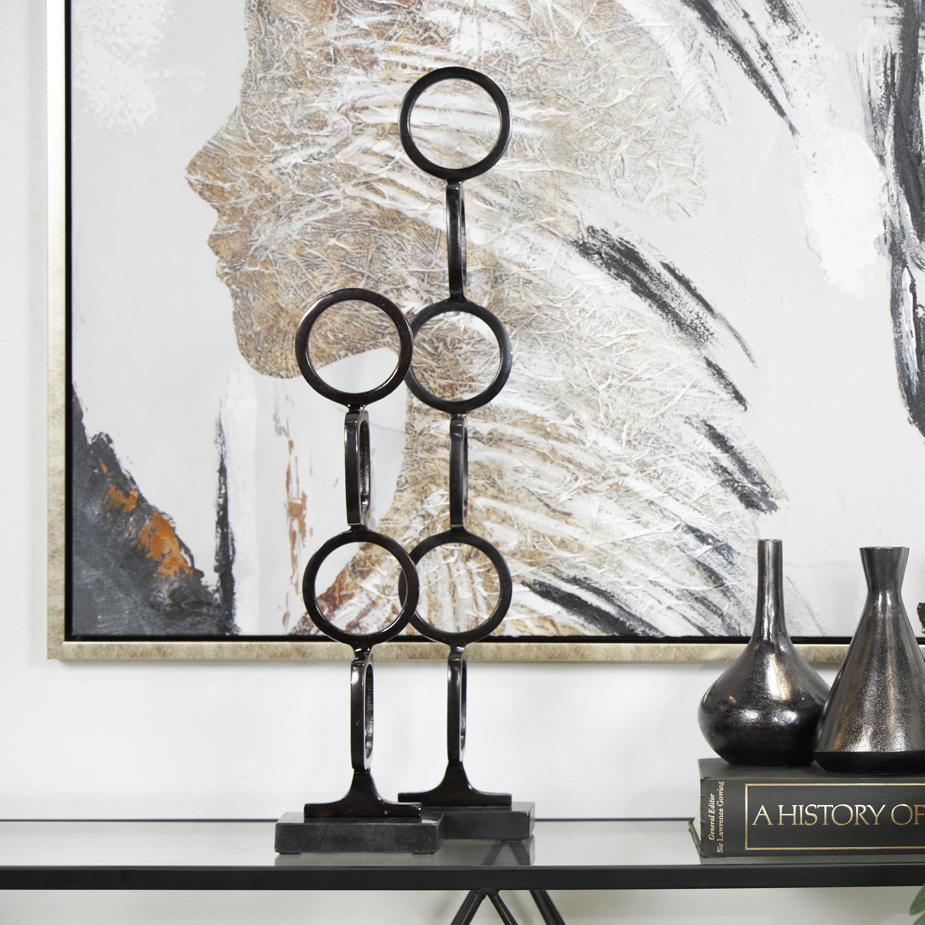 28", 19"H Black Aluminum Stacked Geometric Rings Abstract Sculpture with Marble Bases, by DecMode (2 Count)