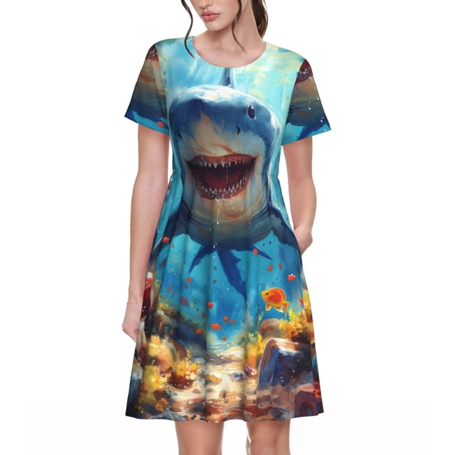 Balery Colorful Underwater Shark Vestidos sueltos de manga corta para mujer, vestidos de verano 2025, vestidos casuales de corte A con vuelo.