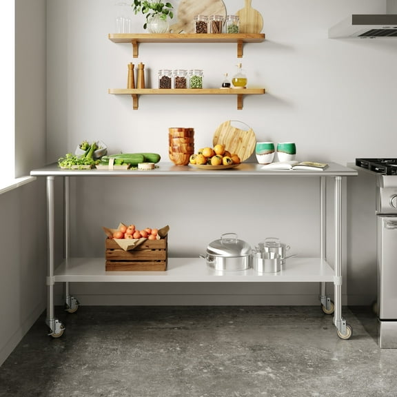 Flash Furniture 24x72 Portable Prep and Work Table with NSF Certified 18 Gauge Stainless Steel Top Shelf, Galvanized Steel Undershelf, 4 Casters with 2 Locking
