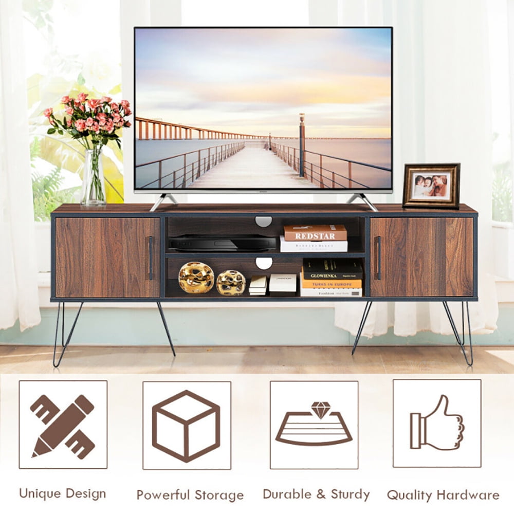 Finihen TV Stand, TV Cabinet, Retro Modern TV Stand with 6 Metal Legs for TVs up to 65 Inch with 2 Cable Holes, Media Entertainment Center with Storage, for Living Room, Bedroom, Walnut