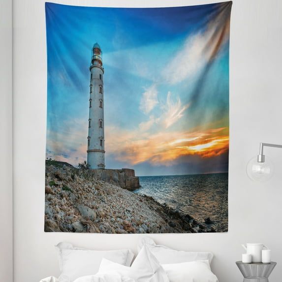 Maritime Tapestry, Seascape Photo of Lighthouse at Sunset with Tangerine Horizon Print, Fabric Wall Hanging Decor for Bedroom Living Room Dorm, 5 Sizes, Azure Blue Multicolor, by Ambesonne