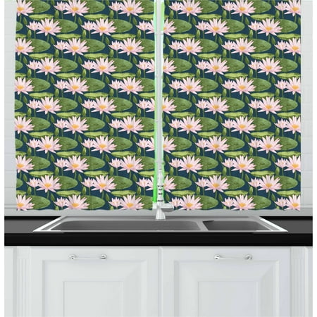 Lily Flower Curtains 2 Panels Set, Hand Drawn Style Pink Blossoms on a Pond Aquatic Flora Feng Shui Zen Garden, Window Drapes for Living Room Bedroom, 55W X 39L Inches, Multicolor, by (Best Feng Shui Colors For Living Room)