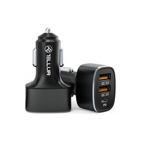 Car Charger TELLUR FCC9, PD-Power Delivery Type C Max 20W, 2 x USB QC3.0 Max 18W, LED Illuminated, Aluminum, Black