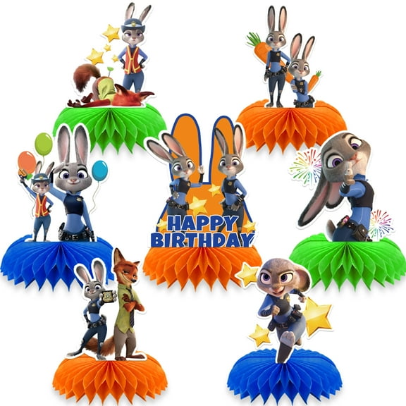 7Pcs Zootopia Theme 3D Double Side Honeycomb Centerpieces Table Toppers,Cartoon Birthday Party Decorations Supplies.