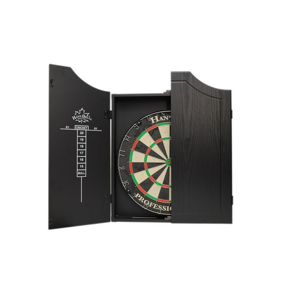 HAN'S DELTA Professional Bristle Dartboard Cabinet Set, Metal Corner Reinforcement, Regulation Steel Tip Dartboard, Includes 6 Steel Tip Darts and Scoreboards, Black