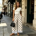 thumbnail image 4 of Polka Dot Pants for Women Lace Hem Wide Leg Palazzo Pants Drawstring Elastic Waist Summer Casual Pants with Pockets Beige XL(XL), 4 of 8