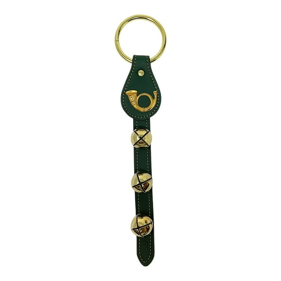 French Horn Charm Green Leather Strap Sleigh Bell Door Hanger Made in USA