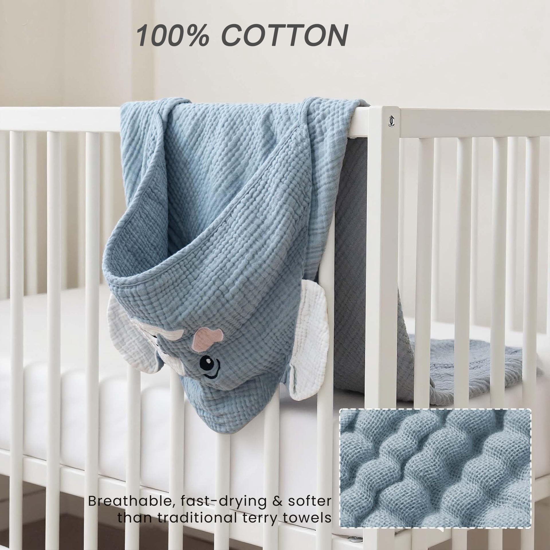 WIBACKER Baby 100% Cotton Muslin Cartoon Hooded Bath-32 x 32 Inches Towels Soft & Absorbent Bath Towel for Newborn Infant Essential Baby Gift