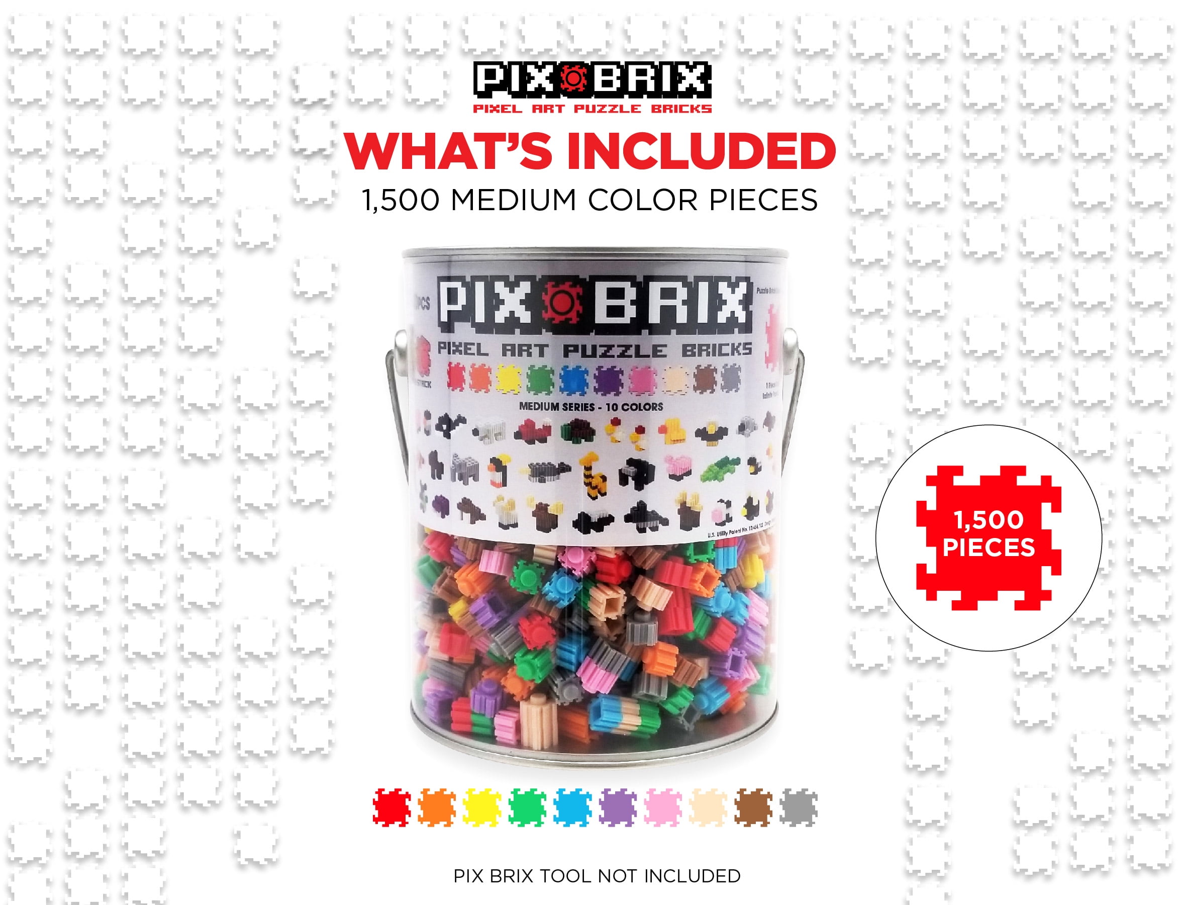 Pix Brix Pixel Art Puzzle Bricks Bucket – 1,500 Piece Pixel Art Kit with 10  Colors, Medium Palette – Patented Interlocking Building Bricks, Create 2D