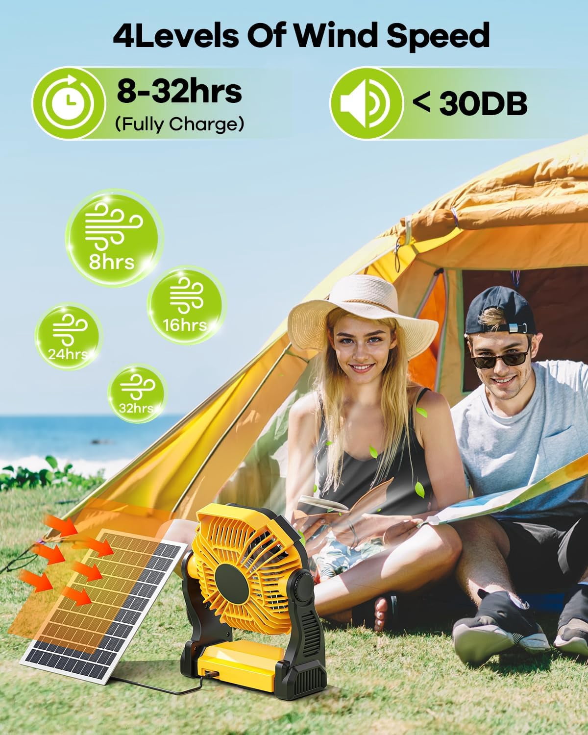 10400mAh Solar Fan, Camping Fan with 7W Solar Panel, Rechargeable Solar Powered Fan with LED Lantern,Portable Battery Operated Fan for Travel Picnic, Barbecue, Fishing,OutdoorIndoor