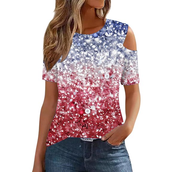 SELONE Red White Blue Shirts Independence Day Womens Summer Tops Fashion Female Round Neck Loose T Shirt Tops Womens American Flag Apparel Plus Size Patriotic Clothing Get Your Party Started Blue S