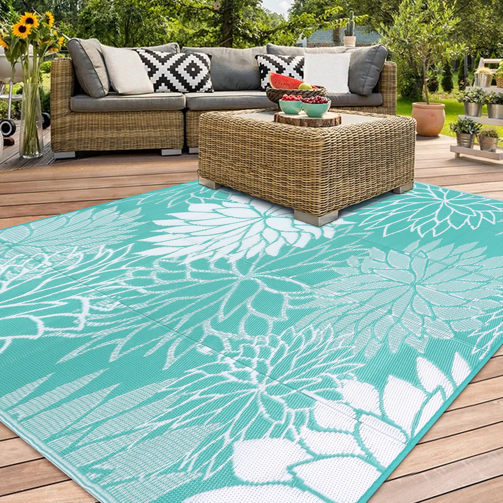 Ileading Outdoor Rugs for Patios 9'x12' Waterproof Patio Mat Plastic Straw Rug Reversible RV Camping Tent Rug Outside Area Rug for RV, Patios,Deck, Beach,Balcony, Camping