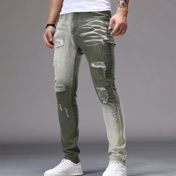 DayScoop Mens Casual Jeans Fashion Trousers Summer Multi Pocket Personalized Matching Ripped Color Slim Full Length Pants