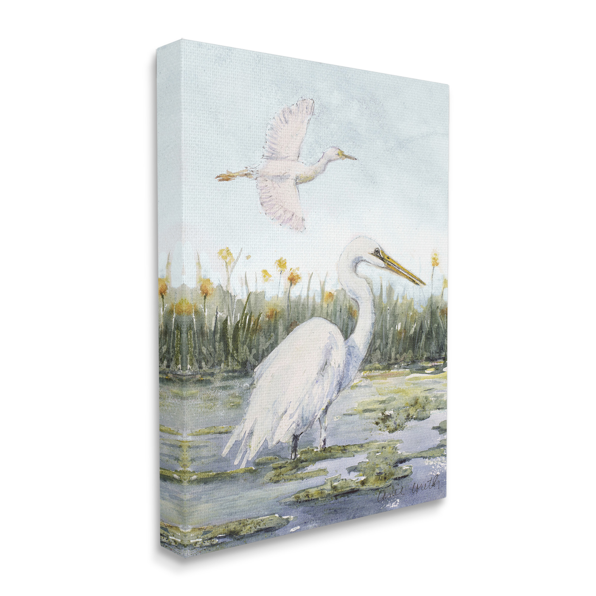 Stupell Industries Egrets in Wetland Landscape Animals & Insects Painting Gallery Wrapped Canvas Art Print Wall Art, 30 x 40