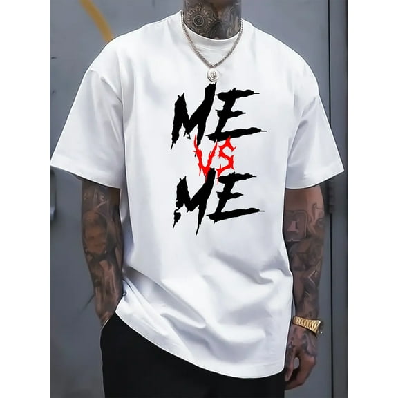 Men's Plus Size ME VS ME Graphic Print T-Shirt - Casual Short Sleeve Round Neck Tee, Breathable Regular Fit for Summer & Year-Round Wear, Machine Washable, Leisure Clothing, Edgy Print