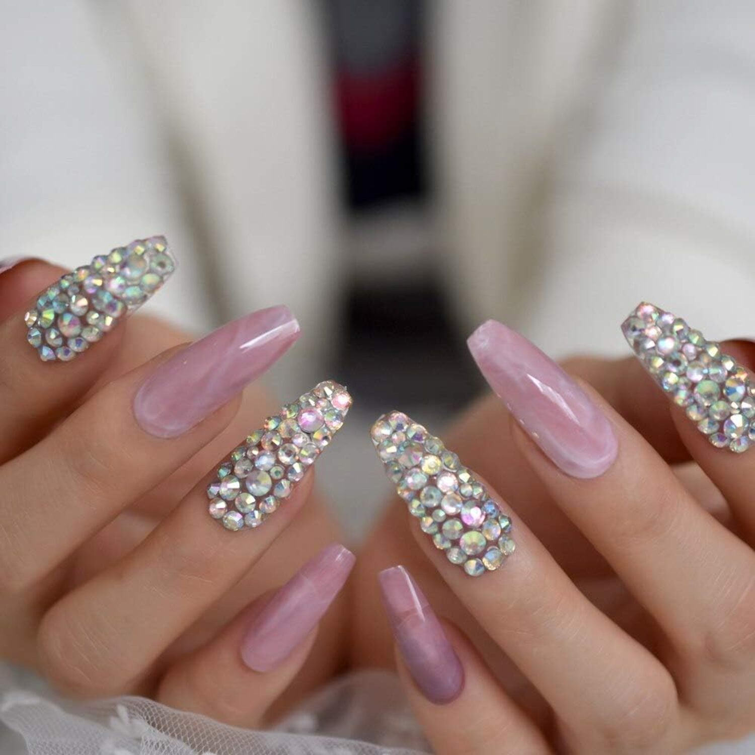 Nude Pink 3D Crystal Press On Nails, Extra Long Coffin Rhinestones Fake Nails, Marble Blossom