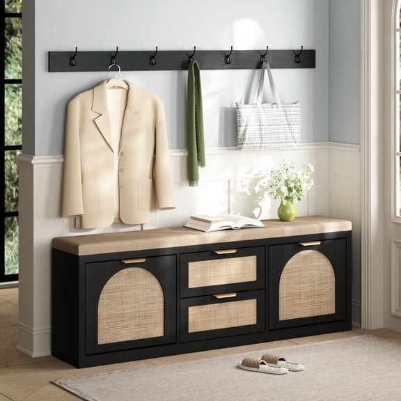 59'' Entryway Bench with Storage 4 Drawers, Rattan Shoe Storage Bench with Cushion, Shoe Cabinet for Living Room, Black