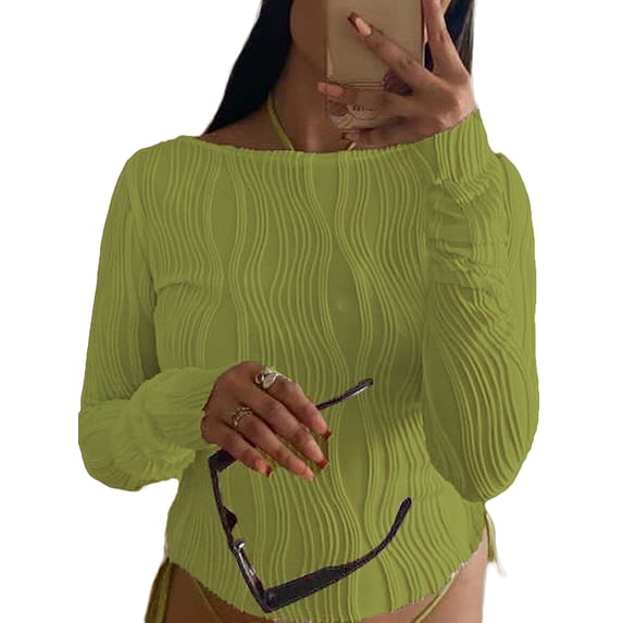 KMBANGI Women Sexy Slim Crop Shirt Long Sleeve Crewneck Fitted Tshirts Top Knit Cropped Tee Blouse Retro Streetwear(A Textured White,S)