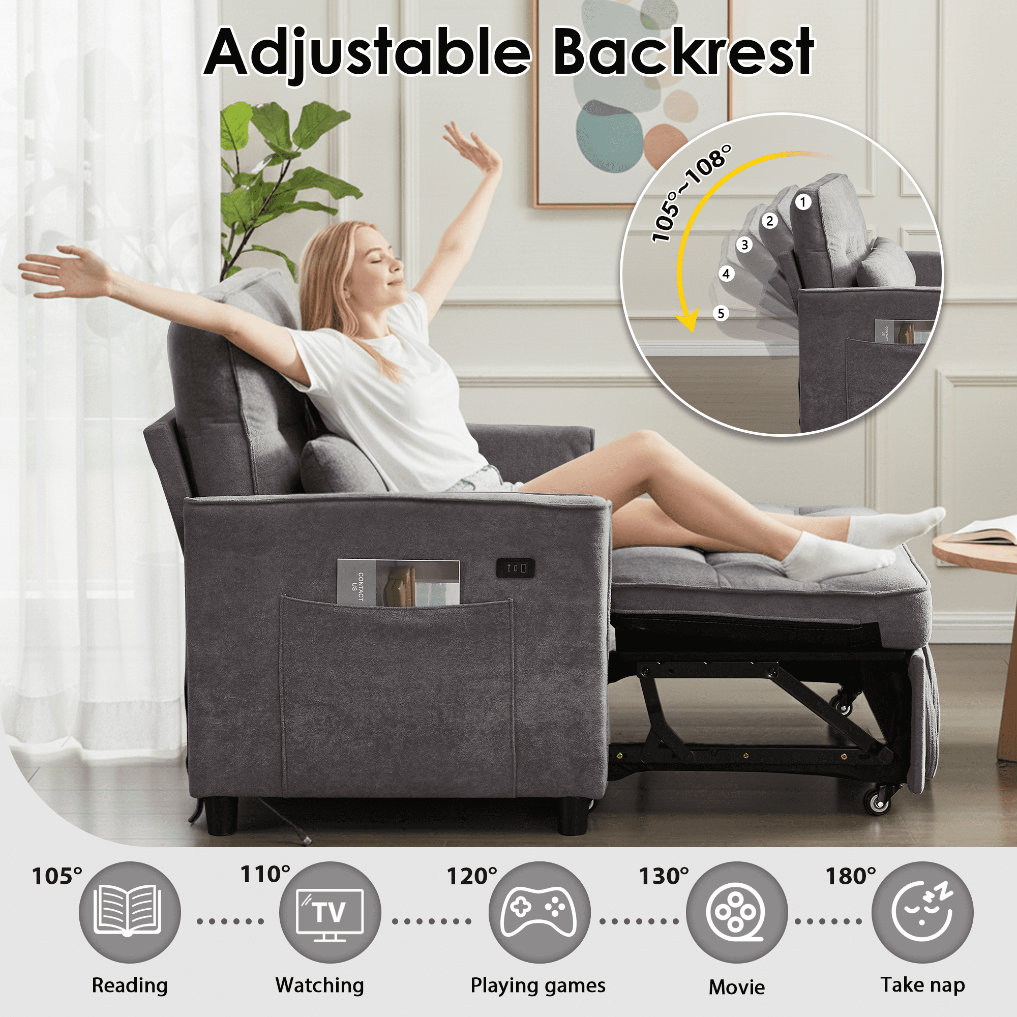 Convertible Sofa Bed,55" 3-in-1 Sleeper Sofa with Pull Out Bed,Sleeper Couch Loveseat with Adjustable Backrest,USB Charging Ports & Side Pockets for Living Room,Apartment,RV,Easy Assembly,Grey