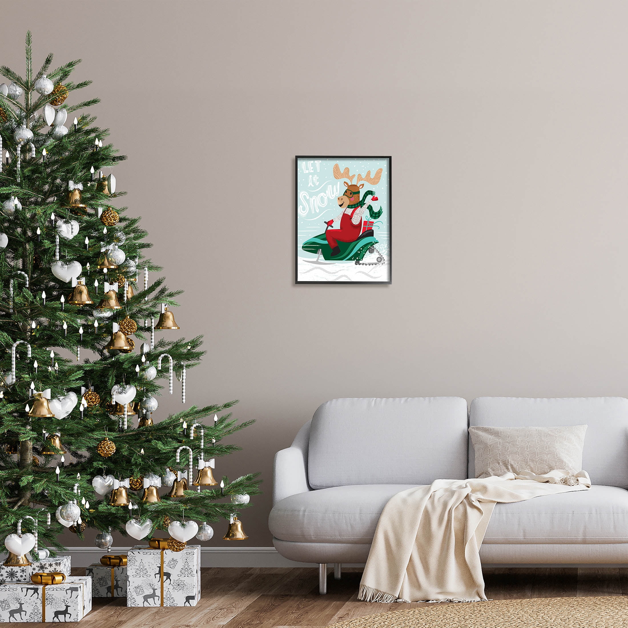 Let It Snow Moose Sleigh Holiday Graphic Art Black Framed Art Print Wall Art