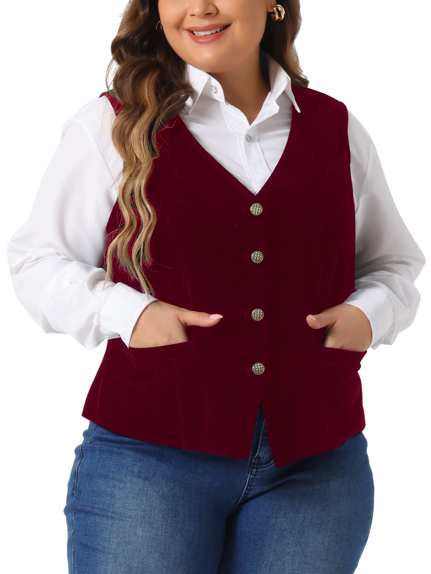 DARING DIVA Women's Plus Size Velvet Sleeveless Button Down V Neck Vest 4X Burgundy