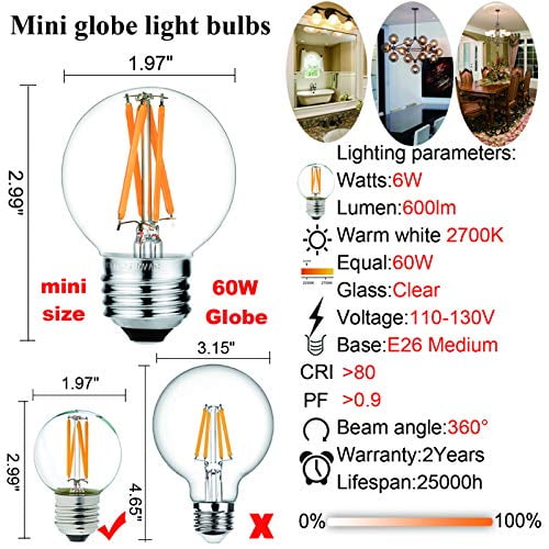 LiteHistory Dimmable E26 Edison Bulb G16.5 Light Bulb 6W Equal 60 watt Light Bulb AC120V Warm 2700K E26 Light Bulb for Pendant,Chandeliers,Vanity,Wall scones Edison Light Bulbs 60 Watt 600lm 6Pack 