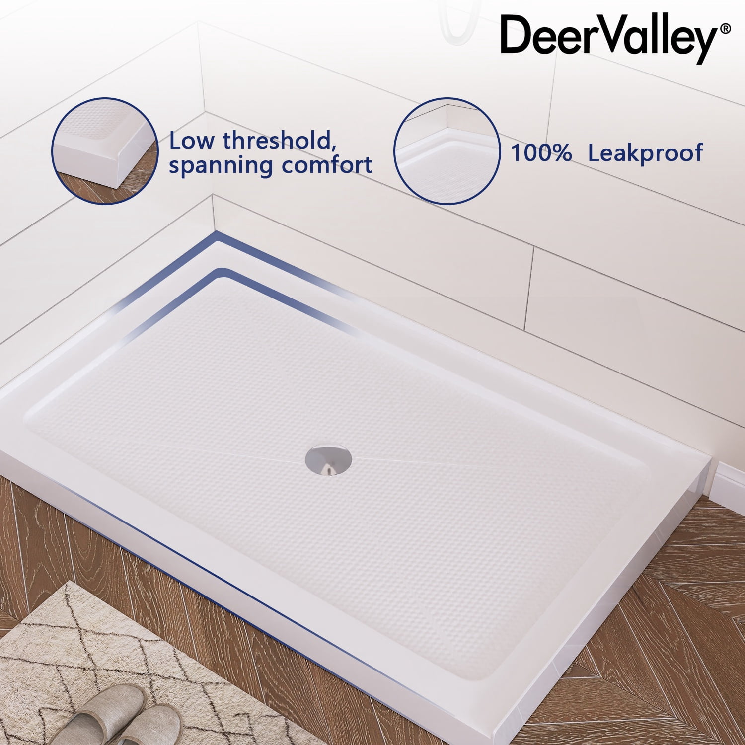 DV-1SB0109 48" Shower Base in White with Single Threshold Shower Pan, Non-slip Design