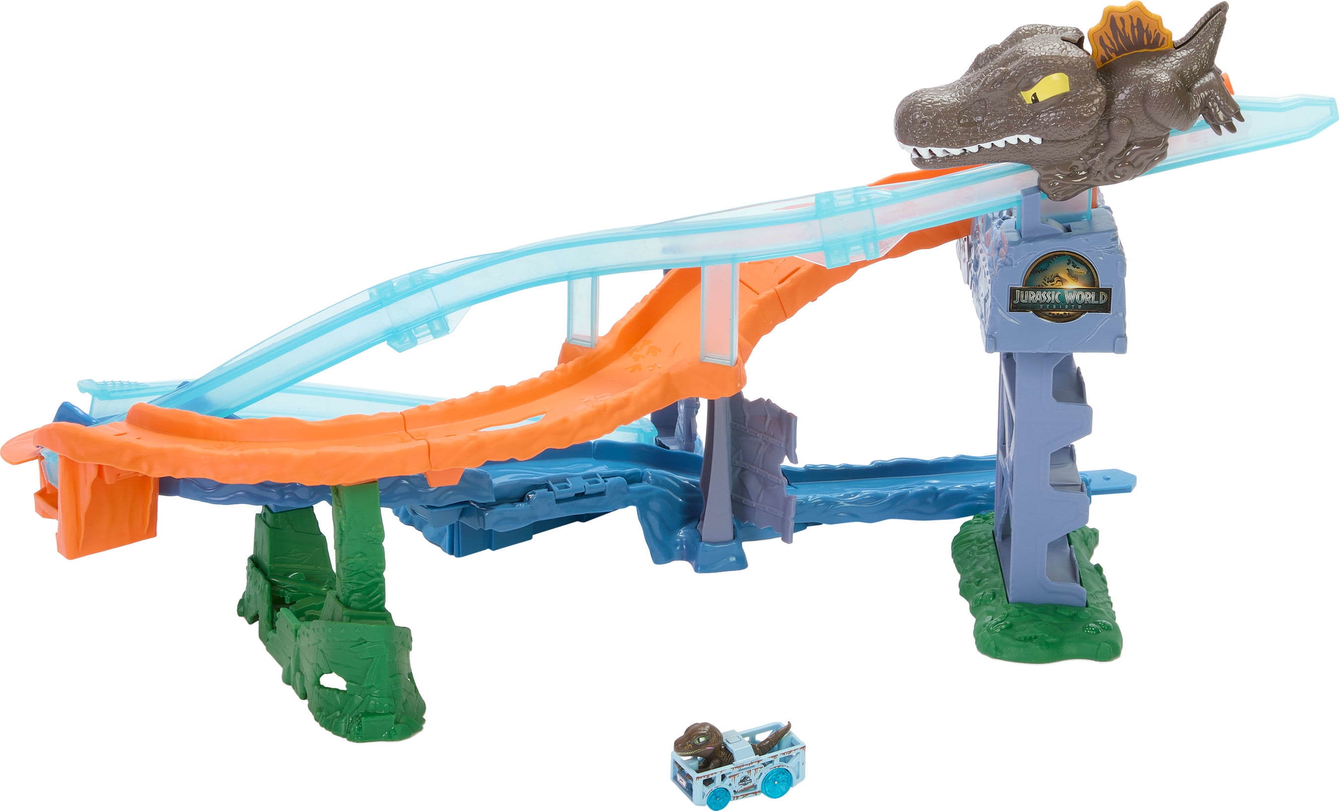 Hot Wheels RacerVerse Jurassic World Crash & Splash Track Set & Die-Cast Dinosaur Toy Car