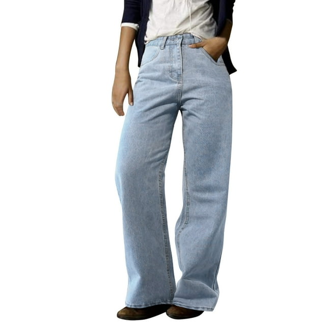 Gibobby moda vintage para mujer Pantalones vaqueros de pierna ancha de pierna recta casual (Aqua, M)