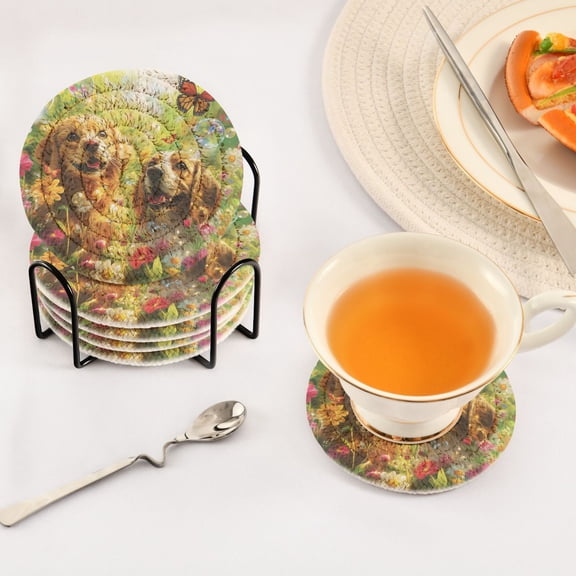 BZSMCE 6Pcs Drink Coasters With Holder 3.94Inch Dogs with Flowers and Butterflies Creative Coil Coaster Coasters Colors Absorbent Coasters for Drinks Coasters Set Thicken Heat for Home Table