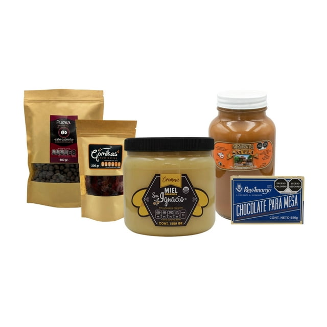 Paquete dulce tentacion: Miel organica, cajeta tradicional, café cubierto de chocolate, chocolate de mesa tradicional y panditas enchiladas