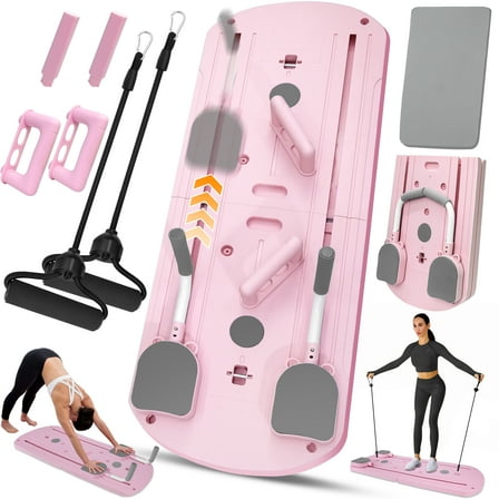 Pilates Board for Home Workout, Foldable Pilates Reformer Set for Women 8-in-1 Portable Folding Mini Pilate Kit Machine Equipment, Pink