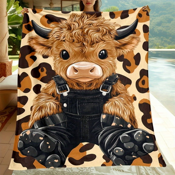 Highland Cow & Leopard Print Flannel Blanket - Soft, Lightweight, All-Season Polyester Throw for Sofa, Bed, Travel, Camping, Office - Machine Washable, Warm Digital Printed Cover, Cow Decor