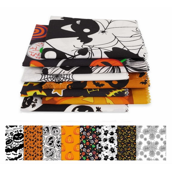 Soimoi 8 Pc Fat Quarter Bundle,HalloweenPrint 18"x 22"DIY Patchwork-100% CottonPre-Cut Quilting Fabric Black, Orange & White