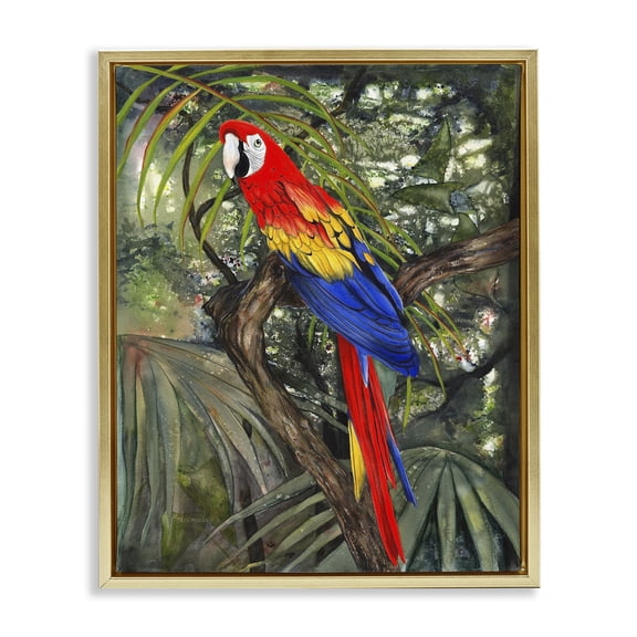 Stupell Industries Coastal Parrot Among Branches Gold Floating Frame Canvas Art, 17 x 21, by Christine Reichow