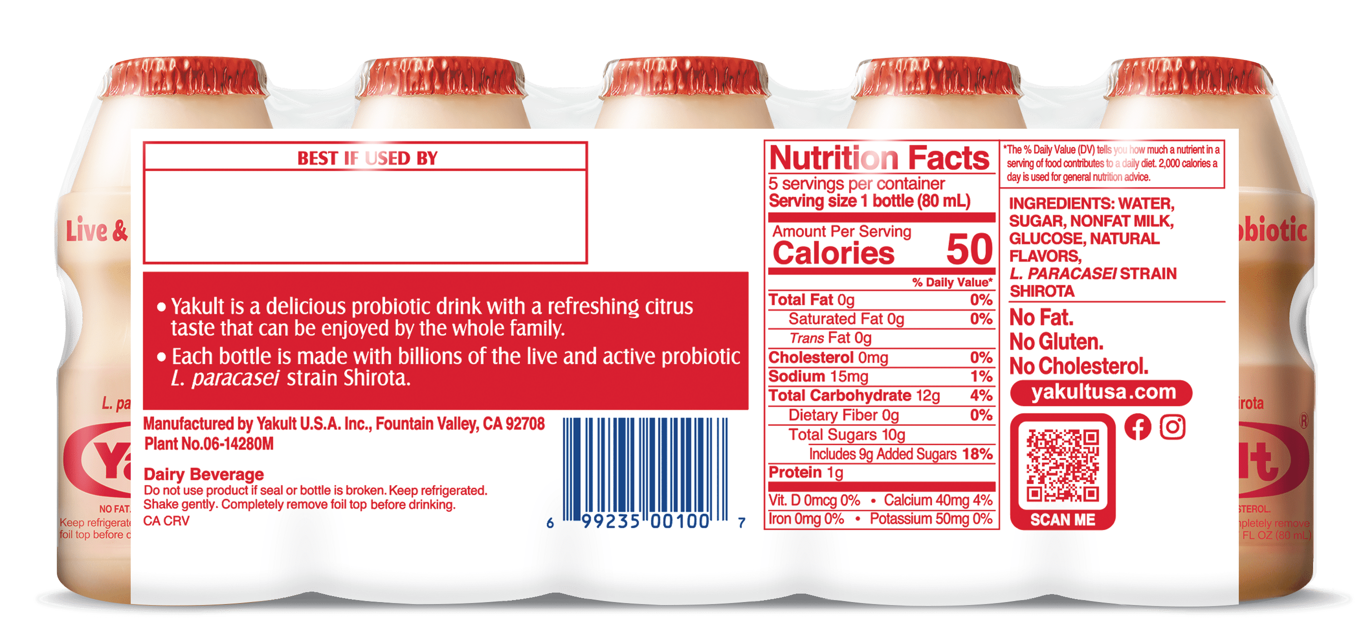 Yakult Non-Fat Live &Active Probiotic Drink Family Pack, 2.7 fl oz, 20 Count, No Gluten, Plastic Bottle, Yogurt Section, for Entire Family