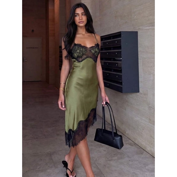 Womens Elegant Green Lace Trim Satin Slip Dress Sleeveless Asymmetrical Hem