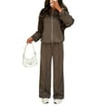thumbnail image 3 of Women'S 2 Piece Outfits Oversized Fleece Sweatsuit Zip Up Long Sleeve Sweatshirt with Wide Leg Sweatpants Brown XL, 3 of 8