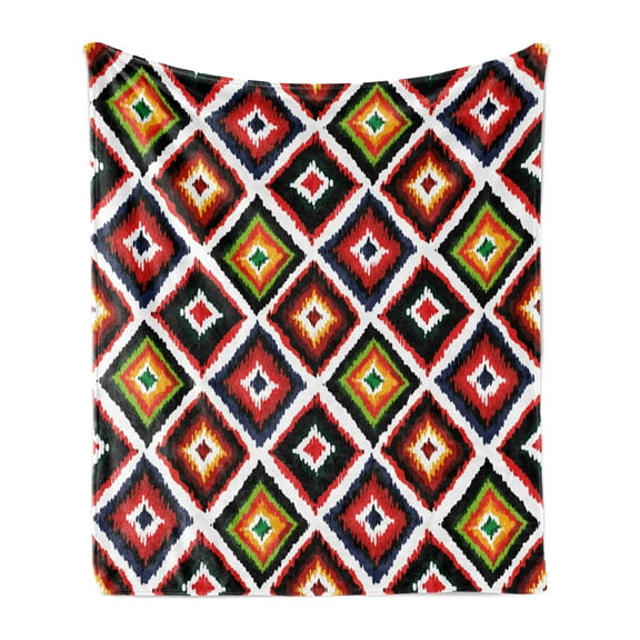 Ikat Soft Flannel Fleece Throw Blanket, Vintage Inspired Ikat Diagonal Geometrical Features Folk Borders, Cozy Plush for Indoor and Outdoor Use, 50" x 60", Multicolor, by Ambesonne